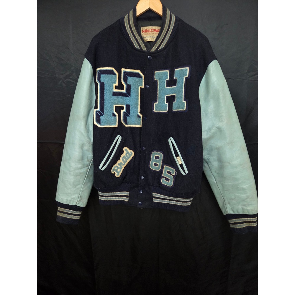 Vintage 1970s Holloway Hillcrest Hawks Varsity Letterman Jacket Wool Leather XL